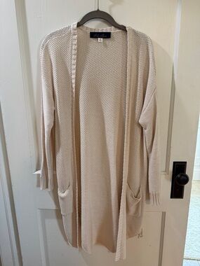Blue Rain Cream Open-Front Knit Cardigan with Pockets